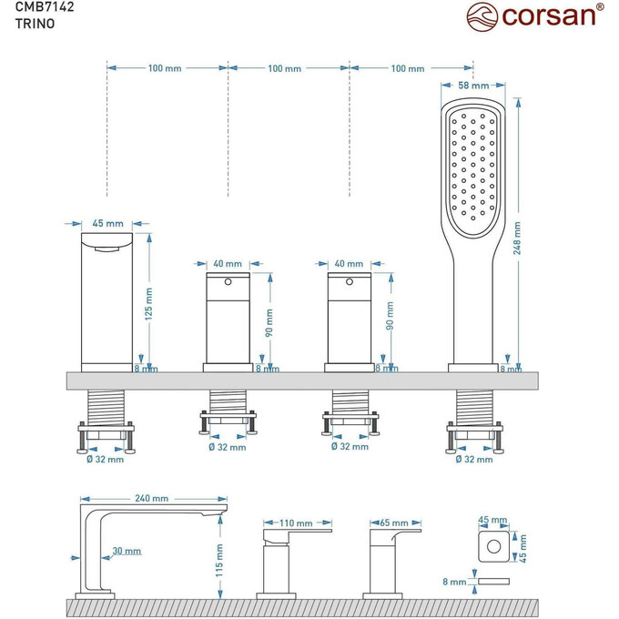 Смеситель на борт ванны Corsan Trino Black Matt CMB7142BL (черный матовый, на четыре отверстия), Цвет производителя: черный матовый, фото 7