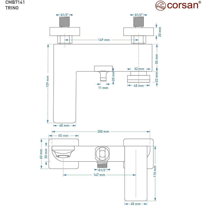 Смеситель для ванны Corsan Trino Chrome CMZ055CH (с лейкой и шлангом), Цвет производителя: хром, фото 8