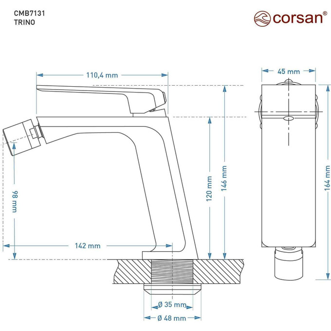 Смеситель для биде Corsan Trino Bkack CMB7131BL (черный матовый), Цвет производителя: черный матовый, фото 8