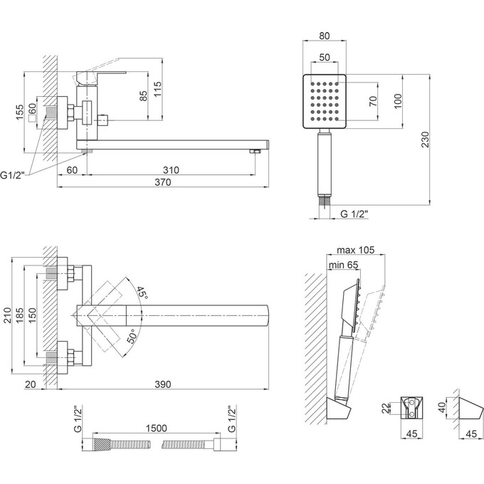Смеситель для ванны Lidz Kubis 005-1 (LDKUB005NKS28537, никель, с лейкой и шлангом), фото 7