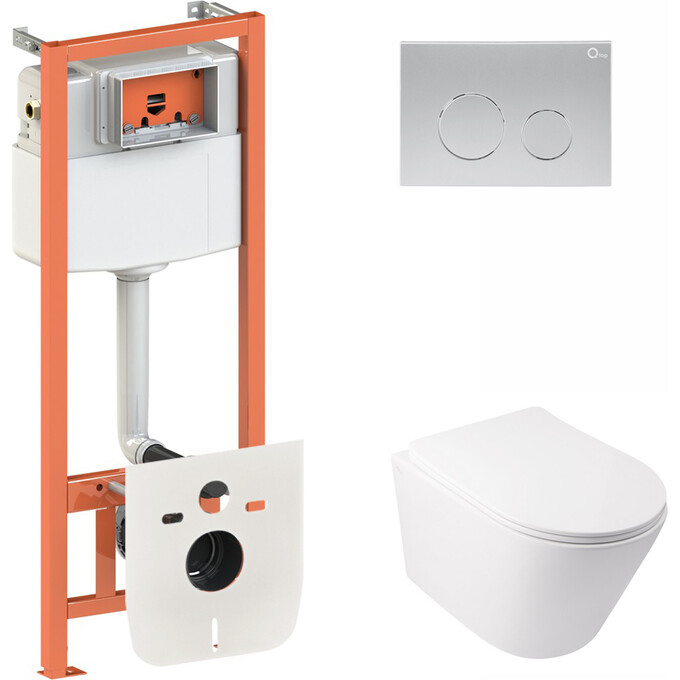 Комплект унитаз с инсталляцией 4 в 1 Qtap QT16335178W0133M425M11111SAT: подвесной унитаз с сиденьем Swan QT16335178W + инсталляция Nest ST QT0133M425 + клавиша смыва Nest QT0111M11111SAT + звукоизоляционная прокладка, фото 