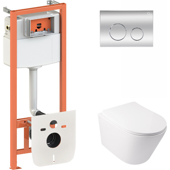 Комплект унитаз с инсталляцией 4 в 1 Qtap QT16335178W0133M425M11112CRM: подвесной унитаз с сиденьем Swan QT16335178W + инсталляция Nest ST QT0133M425 + клавиша смыва Nest QT0111M11112CRM + звукоизоляционная прокладка, фото 