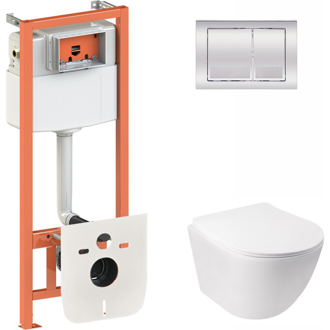 Комплект унитаз с инсталляцией 4 в 1 Qtap QT07335176W0133M425M06028CRM: подвесной унитаз с сиденьем Jay QT07335176W + инсталляция Nest ST QT0133M425 + клавиша смыва Nest QT0111M06028CRM + звукоизоляционная прокладка, фото 