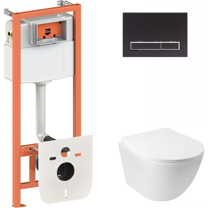 Комплект унитаз с инсталляцией 4 в 1 Qtap QT07335176W0133M425M08V1091MB: подвесной унитаз с сиденьем Jay QT07335176W + инсталляция Nest ST QT0133M425 + клавиша смыва Nest QT0111M08V1091MB + звукоизоляционная прокладка, фото 