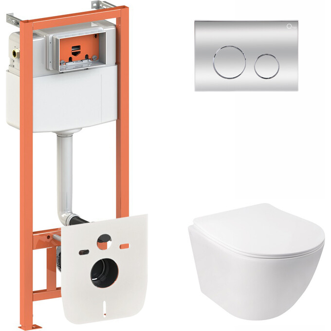 Комплект унитаз с инсталляцией 4 в 1 Qtap QT07335176W0133M425M11112CRM: подвесной унитаз с сиденьем Jay QT07335176W + инсталляция Nest ST QT0133M425 + клавиша смыва Nest QT0111M11112CRM + звукоизоляционная прокладка, фото 