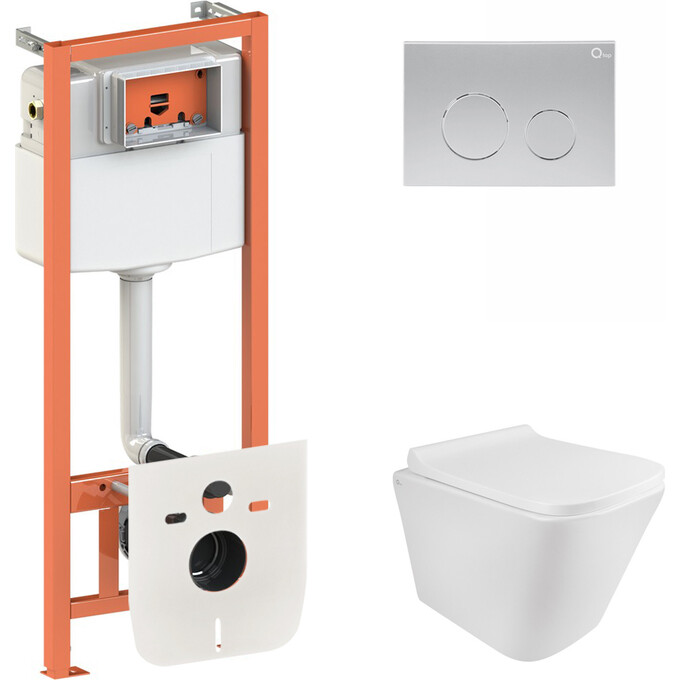Комплект унитаз с инсталляцией 4 в 1 Qtap QT1733052ERW0133M425M11111SAT: подвесной унитаз с сиденьем Tern QT1733052ERW + инсталляция Nest ST QT0133M425 + клавиша смыва Nest QT0111M11111SAT + звукоизоляционная прокладка, фото 