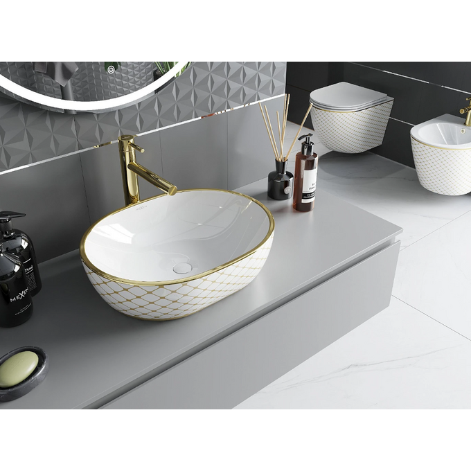 Раковина Mexen Viki White Diamond MEX-21054809 (48x35 см, біла глянсова із золотим візерунком, чаша), Доступні розміри: 48 x 35, Колір виробника: білий глянець, золото сіткою, фото , изображение 2