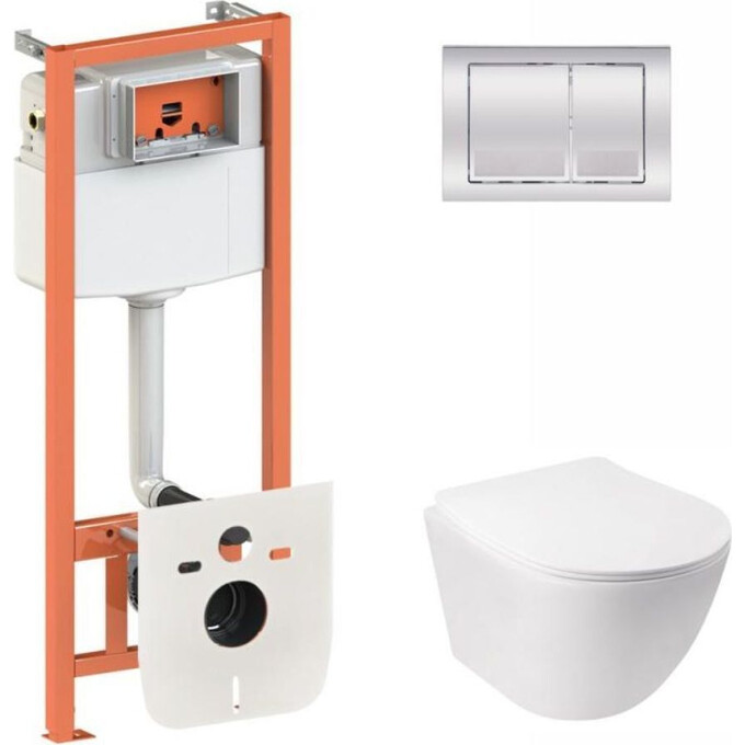 Комплект унитаз с инсталляцией 4 в 1 Qtap QT07335177W45134: подвесной унитаз с сиденьем Jay QT07335177W + инсталляция Nest ST QT0133M425 + клавиша смыва Nest QT0111M06028CRM + звукоизоляционная прокладка, фото 