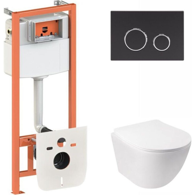 Комплект унитаз с инсталляцией 4 в 1 Qtap QT07335177W45136: подвесной унитаз с сиденьем Jay QT07335177W + инсталляция Nest ST QT0133M425 + клавиша смыва Nest QT0111M11V1146MB + звукоизоляционная прокладка, фото 