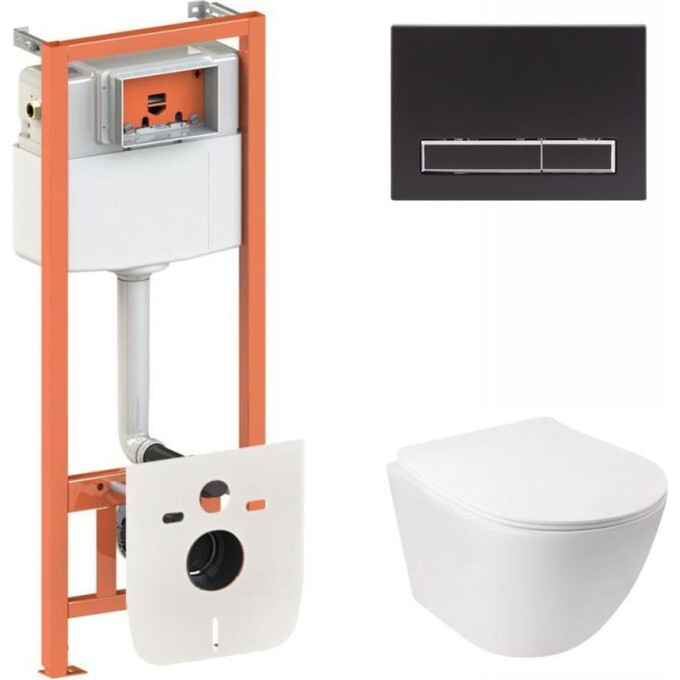 Комплект унитаз с инсталляцией 4 в 1 Qtap QT07335177W45139: подвесной унитаз с сиденьем Jay QT07335177W + инсталляция Nest ST QT0133M425 + клавиша смыва Nest QT0111M08V1091MB + звукоизоляционная прокладка, фото 