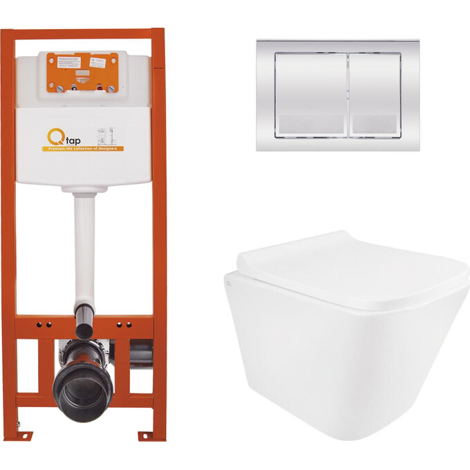 Комплект унитаз с инсталляцией 4 в 1 Qtap QT1733052EUQW45156: подвесной унитаз с сиденьем Tern QT1733052EUQW + инсталляция Nest ST QT0133M425 + клавиша смыва Nest QT0111M06028CRM + звукоизоляционная прокладка, фото 