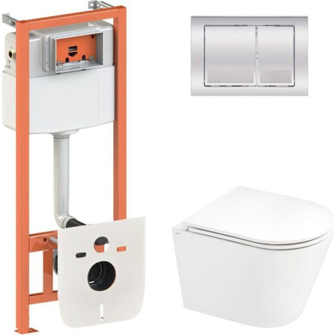 Комплект унитаз с инсталляцией 4 в 1 Qtap QT1433053EUQW45162: подвесной унитаз с сиденьем Scorpio QT14332380AW + инсталляция Nest ST QT0133M425 + клавиша смыва Nest QT0111M06028CRM + звукоизоляционная прокладка, Цвет производителя: хром, фото 