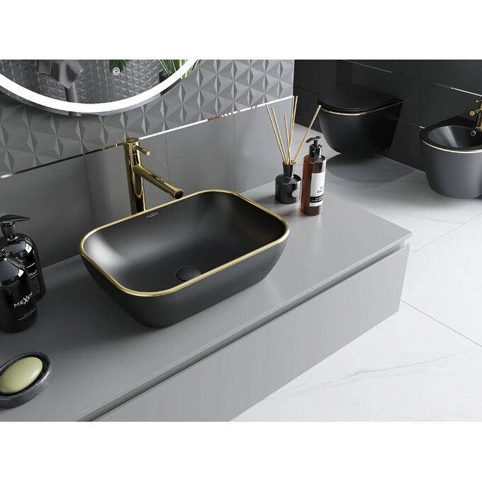 Раковина Mexen Rita Black Matt / Gold Edge MEX-21084575 (45x32 см, черная матовая с золотым бортиком, чаша), Цвет производителя: черный матовый, золотой бортик, фото 2