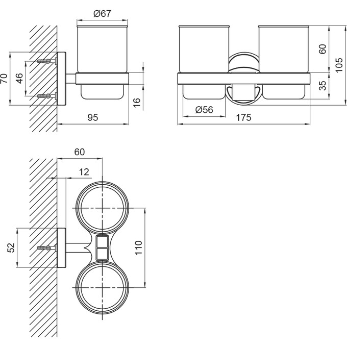 Стакан для зубных щеток Lidz Oreo 0402 (LDORE0402CRM22164, хром/стекло матовое, настенный, двойной), фото 4