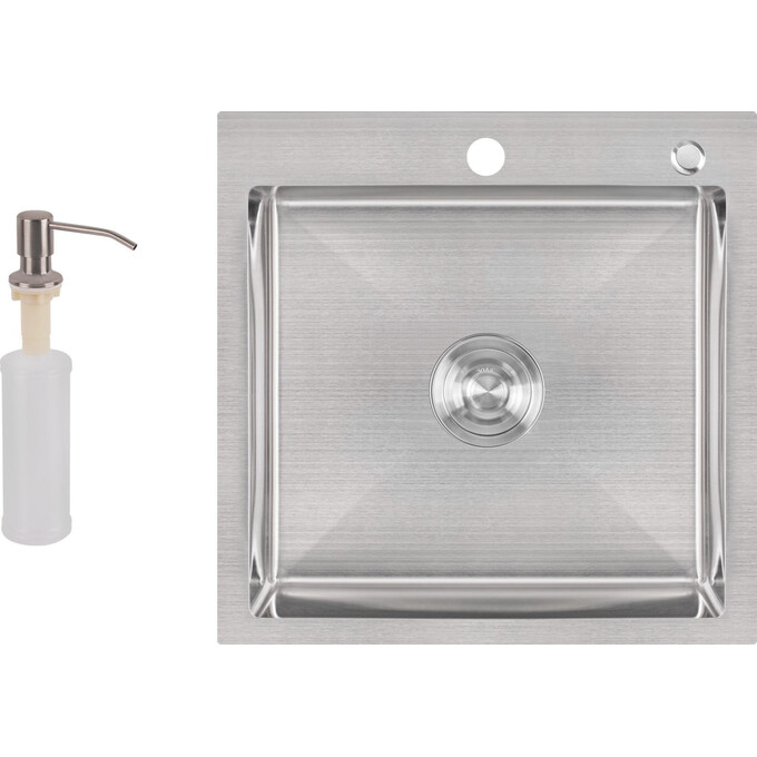 Мийка для кухні Lidz Handmade H5050 Brush (LDH5050BRU35375, 50x50 см, брашована, 3.0/0.8 мм, з сифоном та дозатором), фото 