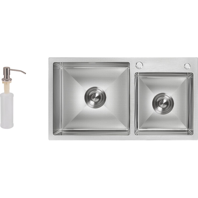 Мийка для кухні Lidz Handmade H7843 Brush (LDH7843BRU35387, 78x43 см, брашована, 3.0/0.8 мм, з сифоном та дозатором), фото 