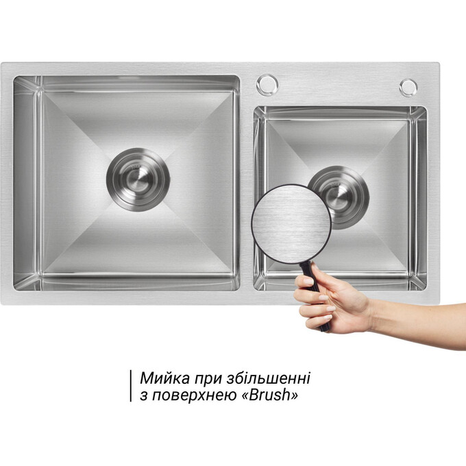 Мийка для кухні Lidz Handmade H7843 Brush (LDH7843BRU35387, 78x43 см, брашована, 3.0/0.8 мм, з сифоном та дозатором), фото , изображение 2