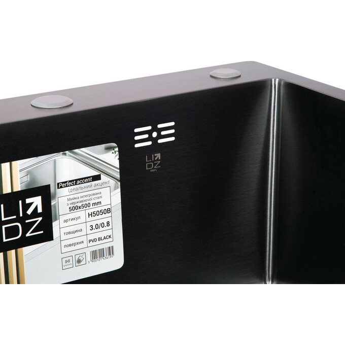 Мойка для кухни Lidz Handmade H5050B Brush Black (LDH5050BPVD43619, 50x50 см, черная, брашированная, 3.0/0.8 мм, с сифоном), фото 4