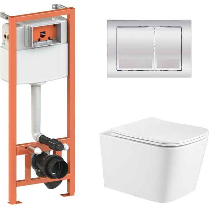 Комплект унитаз с инсталляцией 4 в 1 Qtap QT05335171W45125: подвесной унитаз с сиденьем Crow QT05335171W + инсталляция Nest ST QT0133M425 + клавиша смыва Nest QT0111M06028CRM + звукоизоляционная прокладка, фото 