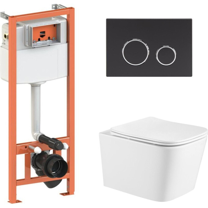 Комплект унитаз с инсталляцией 4 в 1 Qtap QT05335171W45128: подвесной унитаз с сиденьем Crow QT05335171W + инсталляция Nest ST QT0133M425 + клавиша смыва Nest QT0111M11V1146MB + звукоизоляционная прокладка, фото 