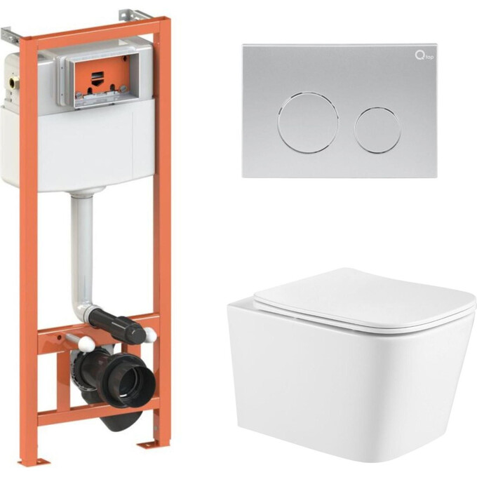 Комплект унитаз с инсталляцией 4 в 1 Qtap QT05335171W45130: подвесной унитаз с сиденьем Crow QT05335171W + инсталляция Nest ST QT0133M425 + клавиша смыва Nest QT0111M11111SAT + звукоизоляционная прокладка, фото 