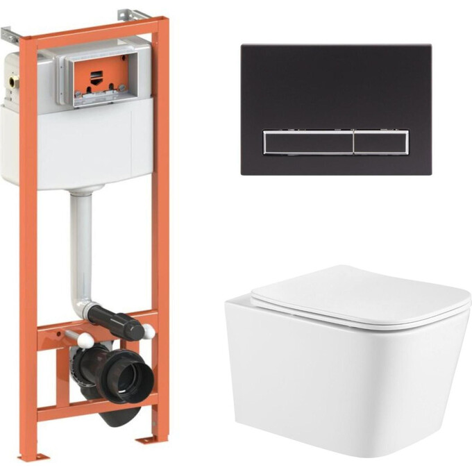 Комплект унитаз с инсталляцией 4 в 1 Qtap QT05335171W45131: подвесной унитаз с сиденьем Crow QT05335171W + инсталляция Nest ST QT0133M425 + клавиша смыва Nest QT0111M08V1091MB + звукоизоляционная прокладка, фото 