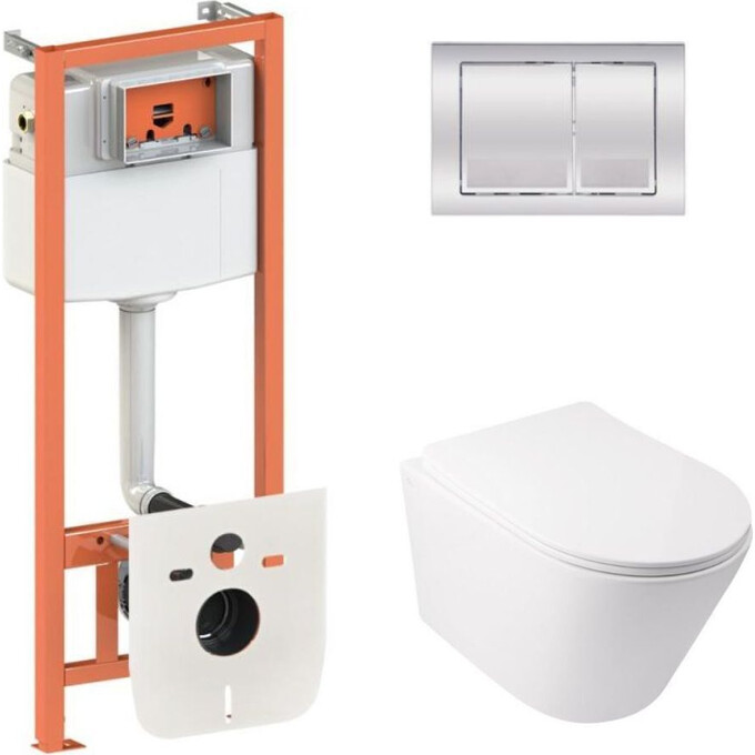 Комплект унитаз с инсталляцией 4 в 1 Qtap QT16335179W45148: подвесной унитаз с сиденьем Swan QT16335179W + инсталляция Nest ST QT0133M425 + клавиша смыва Nest QT0111M06028CRM + звукоизоляционная прокладка, фото 