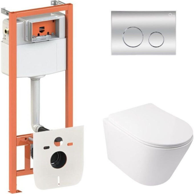 Комплект унитаз с инсталляцией 4 в 1 Qtap QT16335179W45151: подвесной унитаз с сиденьем Swan QT16335179W + инсталляция Nest ST QT0133M425 + клавиша смыва Nest QT0111M11112CRM + звукоизоляционная прокладка, фото 
