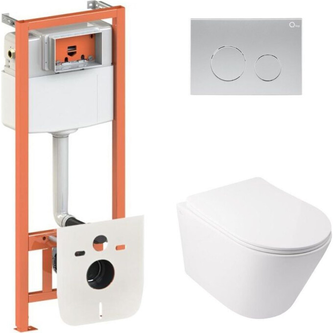 Комплект унитаз с инсталляцией 4 в 1 Qtap QT16335179W45152: подвесной унитаз с сиденьем Swan QT16335179W + инсталляция Nest ST QT0133M425 + клавиша смыва Nest QT0111M11111SAT + звукоизоляционная прокладка, фото 
