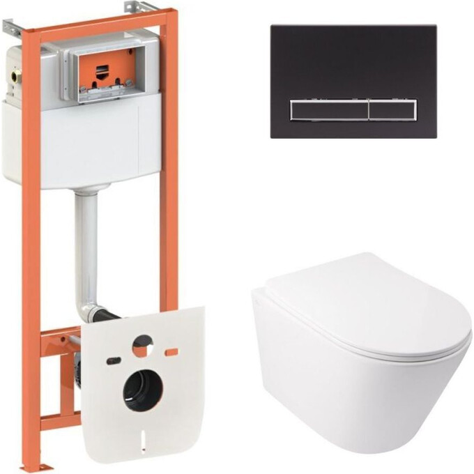 Комплект унитаз с инсталляцией 4 в 1 Qtap QT16335179W45153: подвесной унитаз с сиденьем Swan QT16335179W + инсталляция Nest ST QT0133M425 + клавиша смыва Nest QT0111M08V1091MB + звукоизоляционная прокладка, фото 