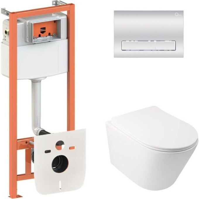 Комплект унитаз с инсталляцией 4 в 1 Qtap QT16335179W45154: подвесной унитаз с сиденьем Swan QT16335179W + инсталляция Nest ST QT0133M425 + клавиша смыва Nest QT0111M08381CRM + звукоизоляционная прокладка, фото 
