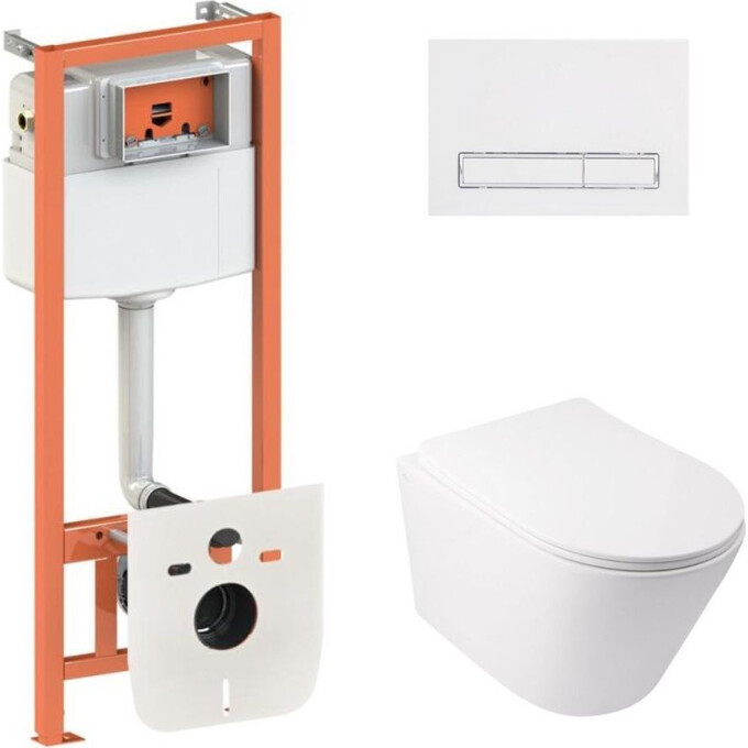 Комплект унитаз с инсталляцией 4 в 1 Qtap QT16335179W45155: подвесной унитаз с сиденьем Swan QT16335179W + инсталляция Nest ST QT0133M425 + клавиша смыва Nest QT0111M08V1384W + звукоизоляционная прокладка, фото 