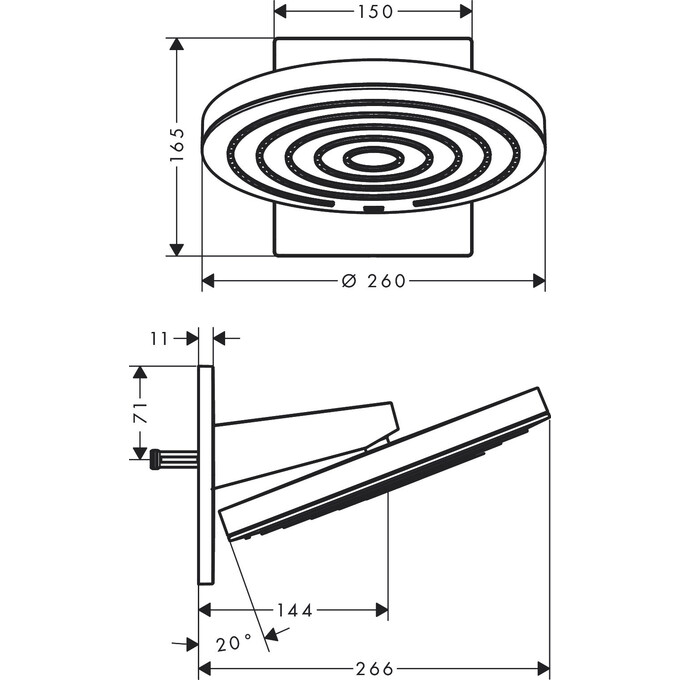 Верхний душ Hansgrohe Pulsify 260 2jet Black Matt 24150670 (черный матовый, 2 режима струи, с кронштейном), Цвет производителя: черный матовый, фото 2