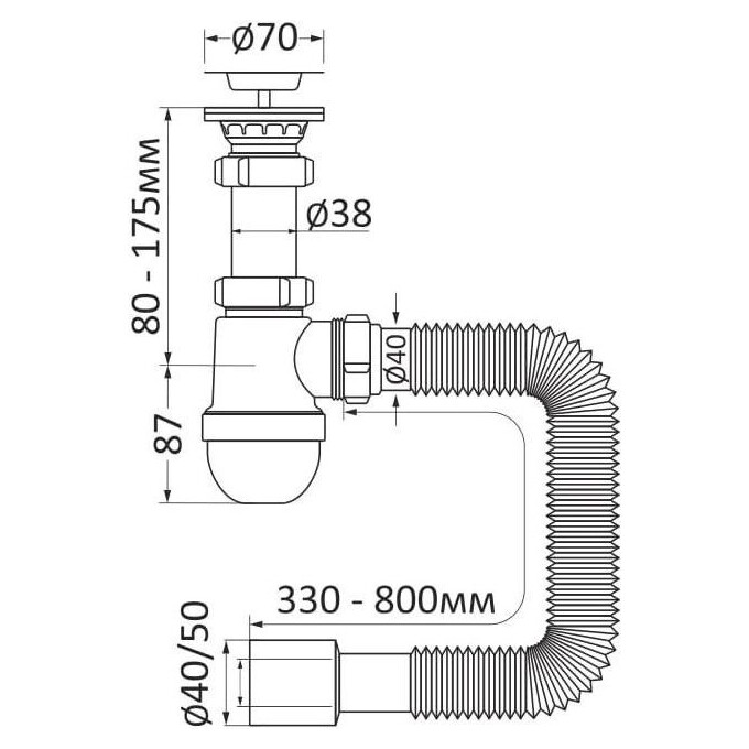 Сифон для умивальника, PP, колбовий, з розбірним випуском, сітка випуску Ø65 мм, пробка, гофра Ø40/50 мм до 800 мм, фото 2