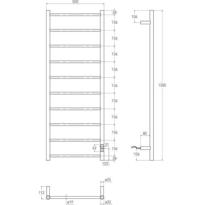 Электрический полотенцесушитель Volle Aqua Ronda de la noche 9235.000204 (500x1300, черный матовый, правый, с таймером), фото 3