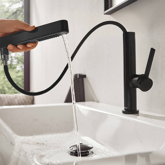 Змішувач для умивальника Hansgrohe Finoris Black Matt 76063670 (чорний матовий, з донним клапаном, з висувною лійкою), Колір виробника: чорний матовий, фото , изображение 5