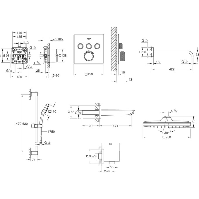 Душевая система с термостатом Grohe QuickFix Grohtherm SmartControl & Vitalio Comfort 250 Cube UA202801C3 (скрытого монтажа, с изливом), фото 20