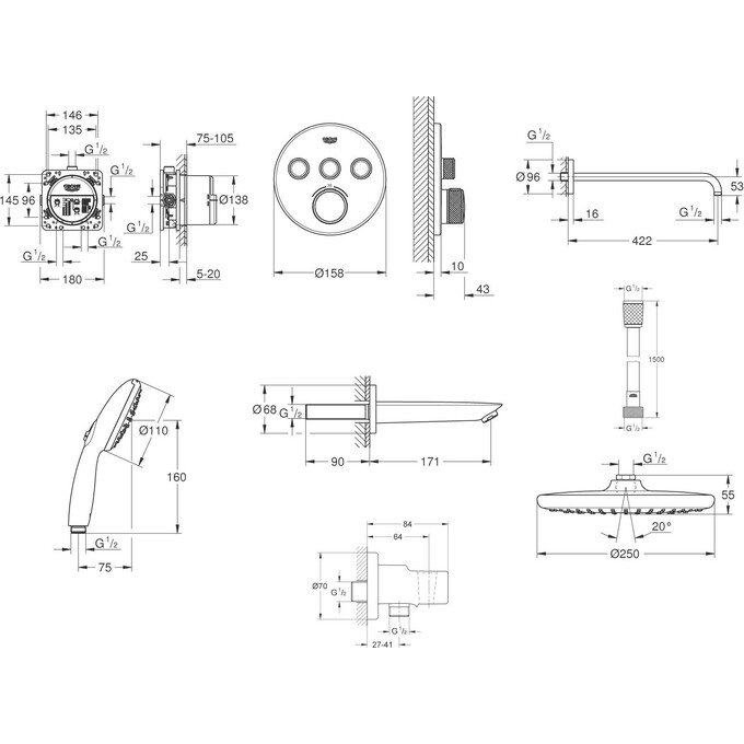 Душевая система с термостатом Grohe QuickFix Grohtherm SmartControl&Vitalio Start 250 UA202802R3 (скрытого монтажа, с изливом), фото 20