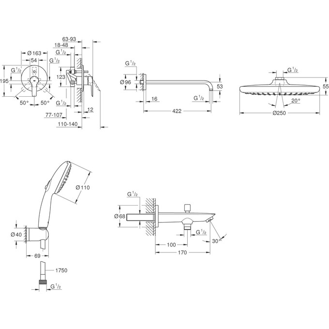 Душевая система Grohe QuickFix Start&Vitalio Start 250 UA202803R3 (скрытого монтажа, с изливом), фото 15
