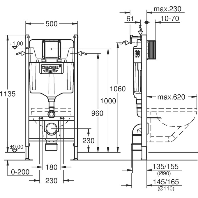 Инсталляция для унитаза 3 в 1 Grohe QuickFix Solido 38971000+38966SH0 (с клавишей смыва и креплением к стене), фото 4