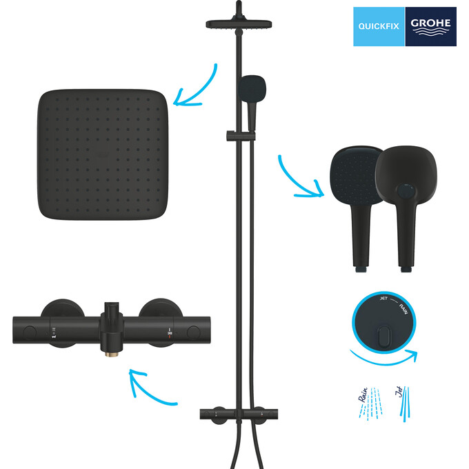 Душевая система с термостатом Grohe QuickFix Vitalio Comfort 250 269842431 (черная матовая, с изливом), Цвет производителя: черный матовый, фото 12