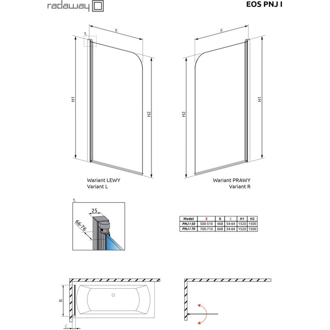 Ширма для ванни Radaway Eos PNJ 50 205102-101R (50x150 см, скло прозоре, профіль хром), фото , изображение 6