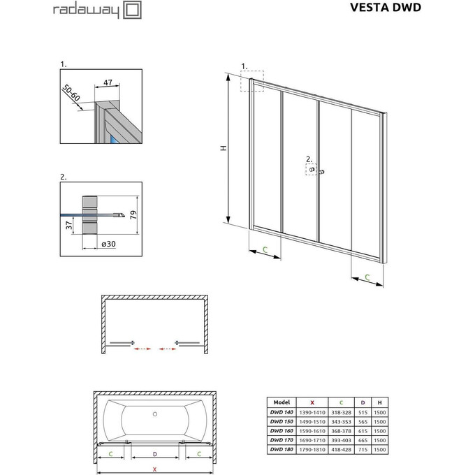 Ширма для ванны Radaway Vesta DWD 180 203180-01 (180x150 см, стекло прозрачное, профиль хром), фото 7