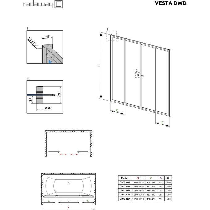 Ширма для ванни Radaway Vesta DWD 160 203160-01 (160x150 см, скло прозоре, профіль хром), фото , изображение 7