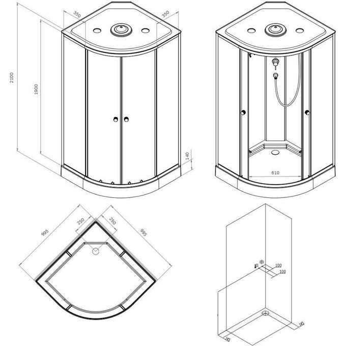 Душовий бокс Am.Pm X-Joy W94C-401-100BT (100x100 см, прозоре скло, профіль чорний матовий, з піддоном), Доступні розміри: 100 x 100, Колір виробника: чорний матовий, фото , изображение 8