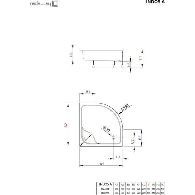 Душевой поддон Radaway Indos A SIA9090-01 (90x90 см, с ножками и панелью), Доступные размеры: 90 x 90, фото 2