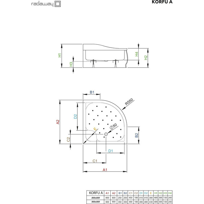 Душовий піддон Radaway Korfu A 4S99400-03 (90x90 см, з ніжками та панеллю), Доступні розміри: 90 x 90, фото , изображение 2