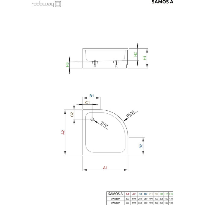 Душевой поддон Radaway Samos A 4S99300-03 (90x90 см, с ножками и панелью), Доступные размеры: 90 x 90, фото 2