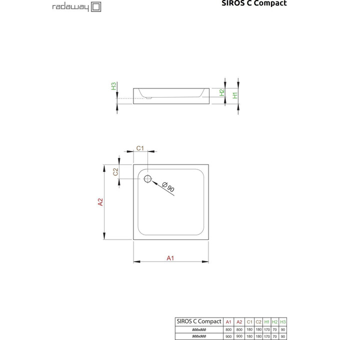 Душовий піддон Radaway Siros C Compact SBC9917-2 (90x90 см), Доступні розміри: 90 x 90, фото , изображение 2