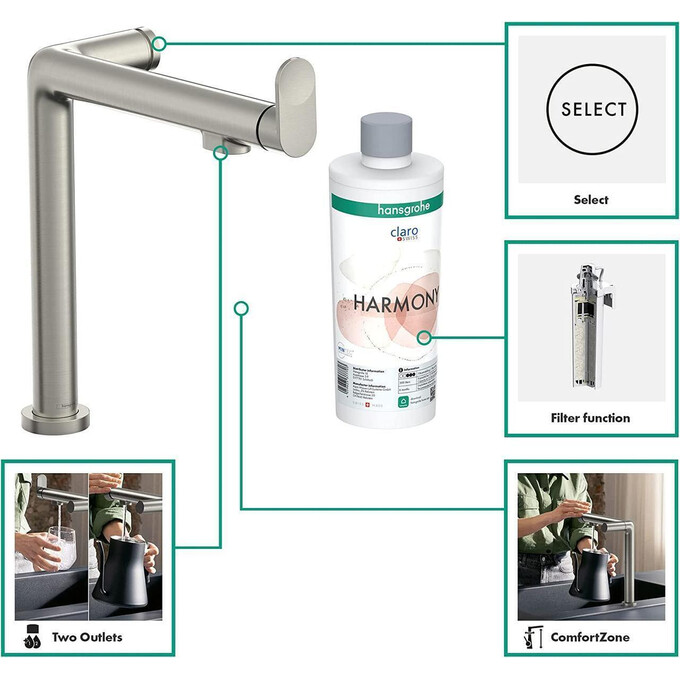 Змішувач для кухні Hansgrohe Aqittura M91 Steel 76804800 (сталь, із підключенням питної води), Колір виробника: сталь, фото , изображение 8